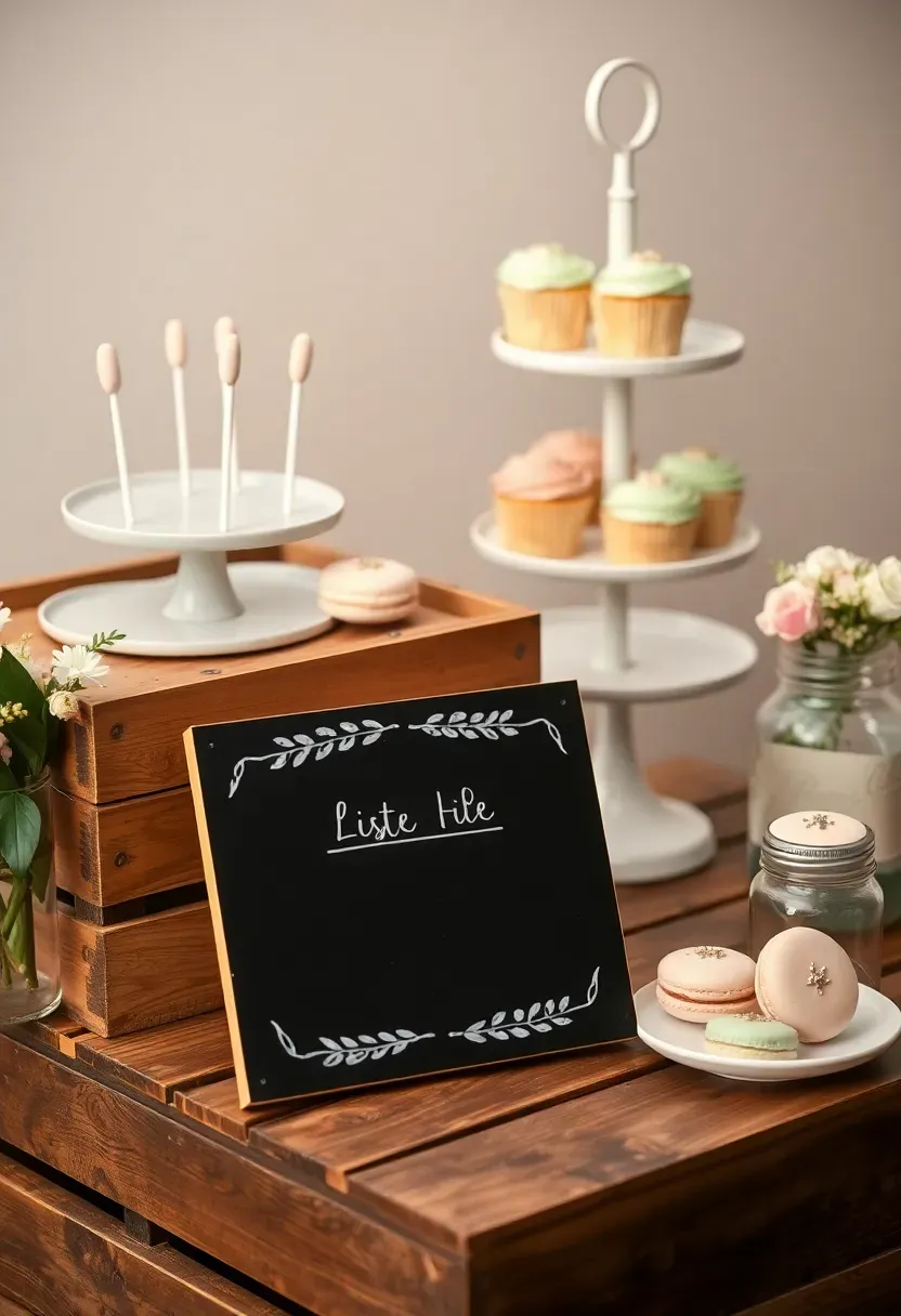 baby shower dessert table with a decorative chalkboard sign listing treats including cupcakes cake pops and macarons with chalk drawn borders and a small floral arrangement