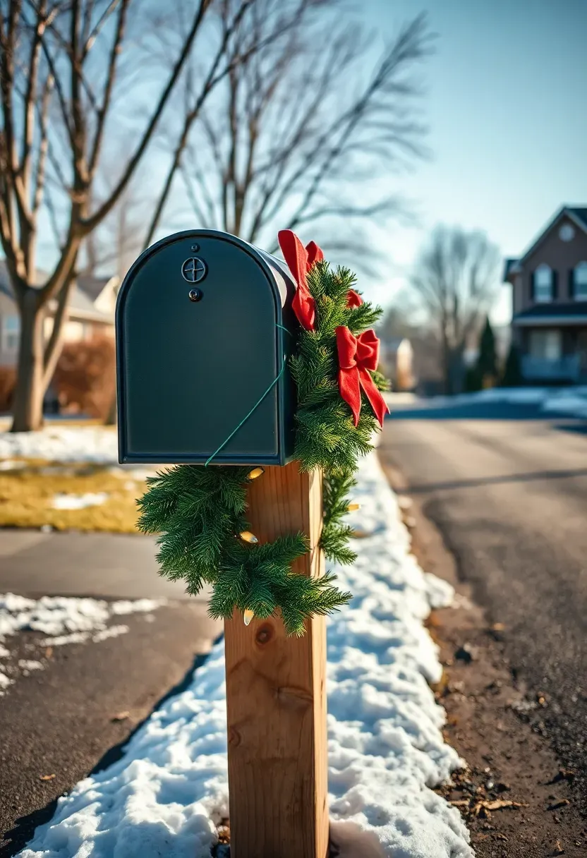 Hyper-realistic exterior shot of street-side mailbox decorated for Christmas. Standard black metal mailbox on wooden post (4x4 inch pressure-treated lumber) at edge of paved driveway. Post wrapped with fresh pine garland (6-inch diameter) secured with green zip ties, red velvet bow at top of post, small wreath (18 inches) attached to mailbox door. Warm white LED battery lights woven through garland creating subtle glow. Snow cover on ground, asphalt driveway visible, bare deciduous trees along street, house facade blurred in distance. Clear blue winter sky with bright sunlight. Materials: metal mailbox, treated wood post, fresh pine, velvet ribbon, LED lights, asphalt, snow. Bright winter sunlight (5200K) casting sharp shadows, suburban street mood, medium composition showing mailbox as roadside greeting, leading line perspective from street toward house. No text logos watermarks.</p>