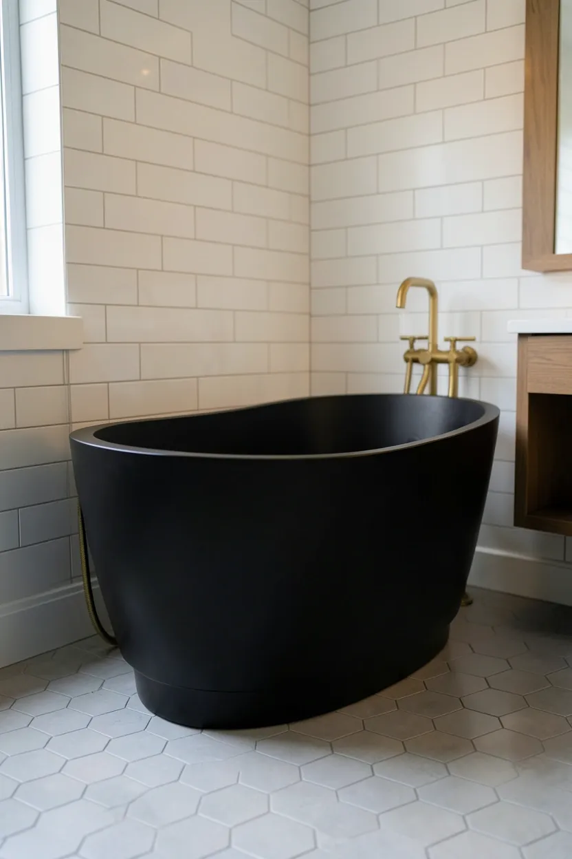 Matte black freestanding soaking tub centered in a bright white bathroom as a sculptural statement
