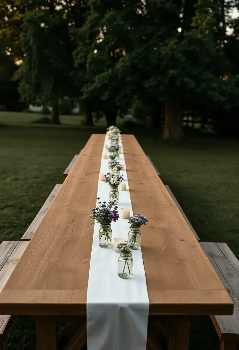 Long rustic farm tables arranged in a U-shape for an outdoor backyard wedding reception with white linen runners, wildflower centerpieces, and candles