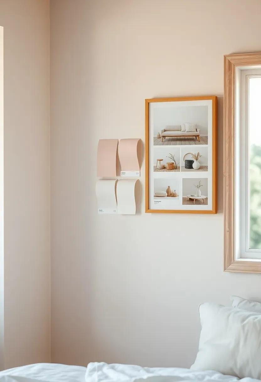 Small bedroom wall with soft ivory paint swatches and pastel color samples arranged alongside a calming mood board of interior images and fabric swatches