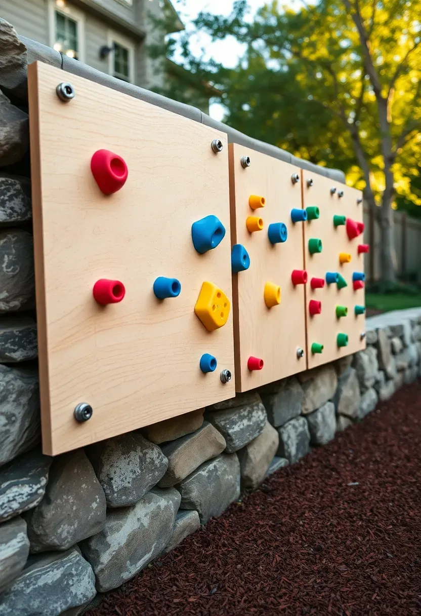 Outdoor climbing wall panels mounted on a stone retaining wall in a backyard, with colorful holds and rubber mulch below