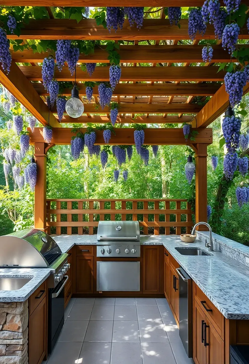 Hyper-realistic 3/4 view of an L-shaped outdoor kitchen beneath a wooden pergola with climbing wisteria, featuring granite countertops, built-in gas grill, sink, and pendant lights hanging from pergola beams. Materials: natural cedar pergola, granite counters, stainless steel appliances. Dappled sunlight through vines and lattice, warm green and wood tones. Protected outdoor room mood, shallow depth of field with sharp focus on countertop and hanging lights, string lights barely visible above. No text, no logos, no watermarks.</p>