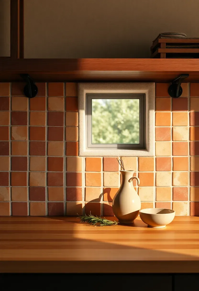 warm terracotta tile backsplash with square handmade tiles in a Mediterranean-style kitchen
