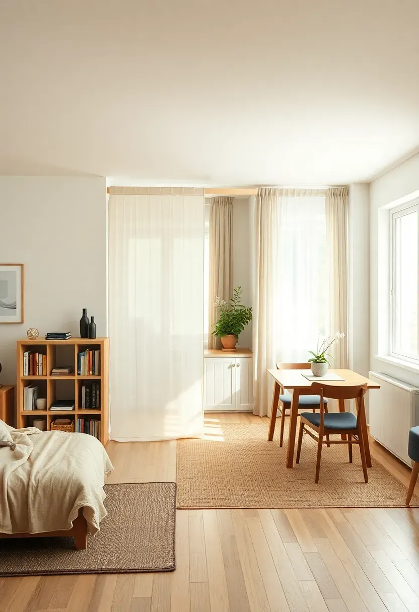 Hyper-realistic 3/4 view of shikiri in open studio apartment: low bookshelf partially dividing sleeping area from living area, sheer fabric panel creating soft boundary between workspace and entry, floor rug defining dining zone without walls. Materials: light wood low bookshelf with organized books and objects, translucent fabric panel allowing light through, natural fiber rug, light wood floor. Natural light from multiple windows showing how boundaries create zones without blocking light or airflow. Each area clearly defined yet connected to whole. Shallow depth of field emphasizing boundary elements. No text, no logos, no watermarks.</p>