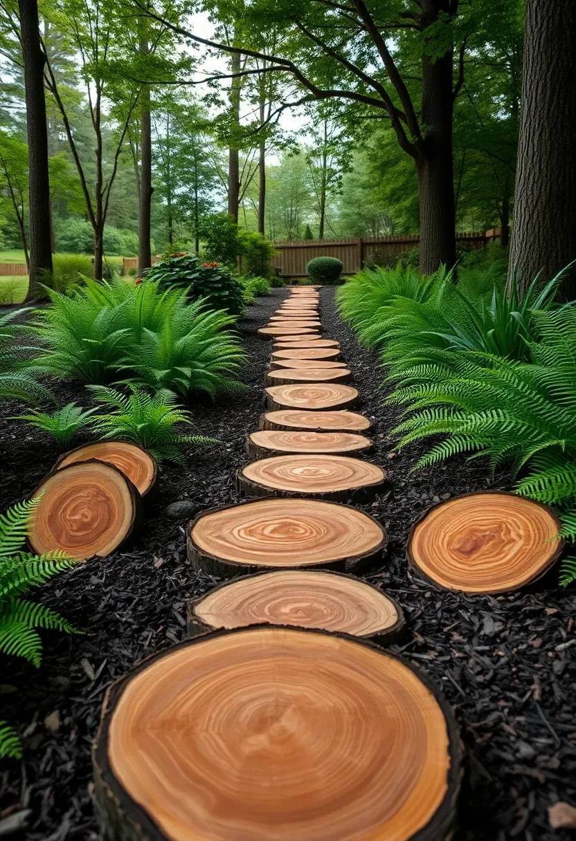 Cross-section wood slice stepping stones arranged along a shaded forest-style backyard path with ferns and mulch