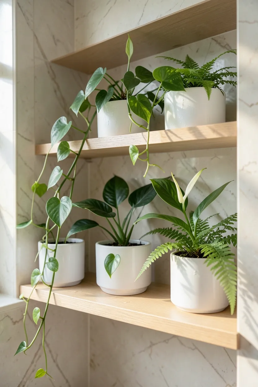 Floating plant shelf with ferns and orchids in white pots adding greenery to a calm modern luxury bathroom