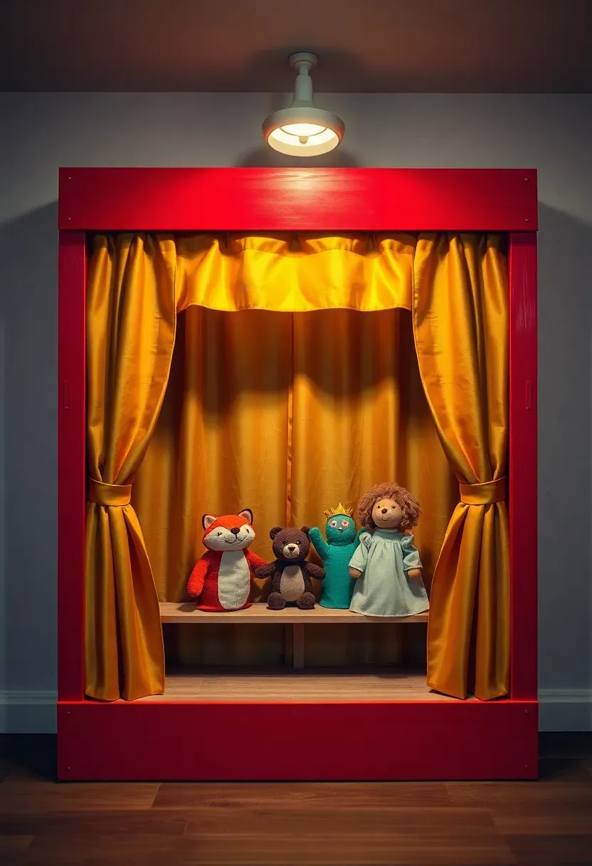 puppet theater built into basement playroom platform with curtain stage and hand puppets