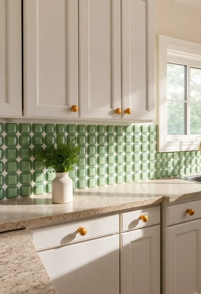 elongated picket tile in sage green on kitchen backsplash with white cabinets and speckled beige granite countertops