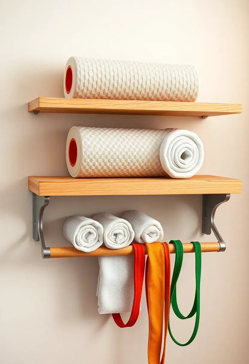 Foam roller shelf with integrated towel bar mounted in a home gym, storing three foam rollers on the shelf and workout towels below