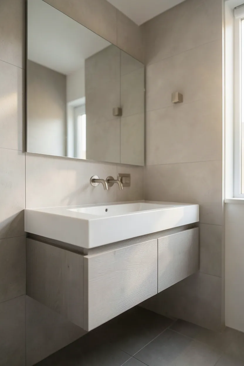 Calm neutral bathroom palette with white, warm gray, and beige tiles, floating gray vanity, and brushed nickel fixtures