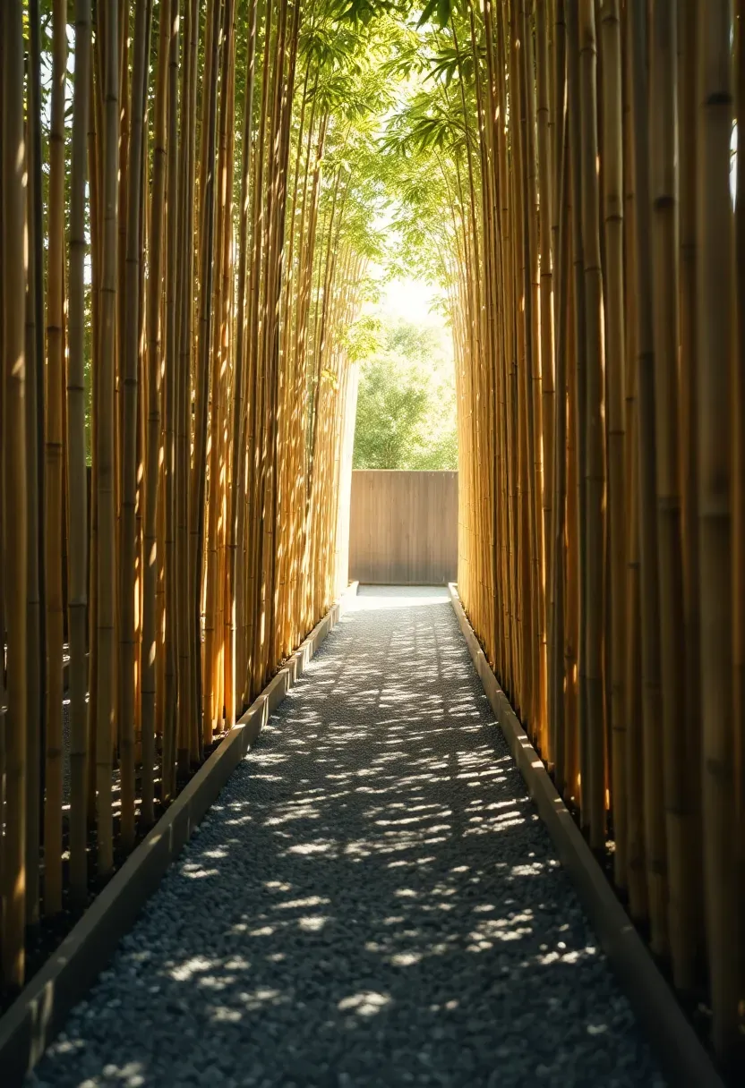 Narrow bamboo grove garden path with tall golden bamboo canes casting dappled shadows on fine gray gravel and timber edging