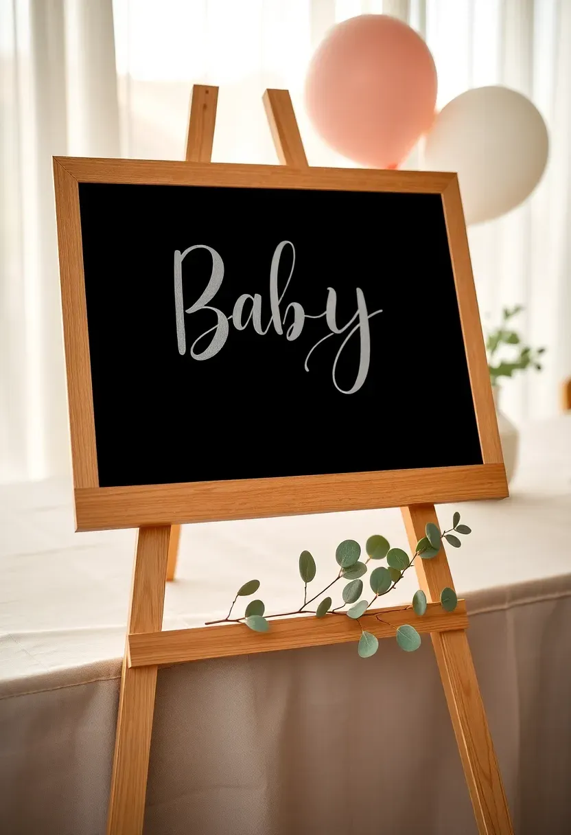 hand lettered baby shower chalkboard sign on a wooden easel with white and pink chalk calligraphy reading welcome to the shower surrounded by small eucalyptus sprigs