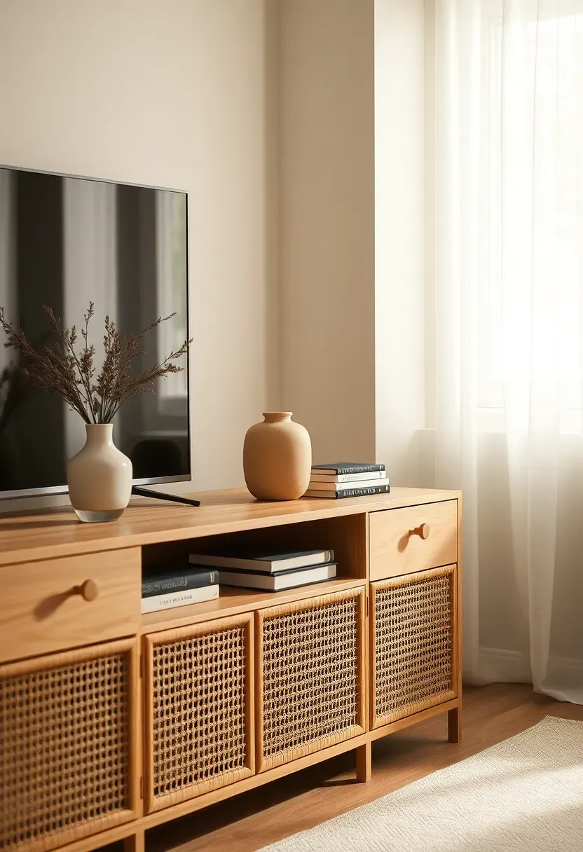 Cane-front media console with simple decor