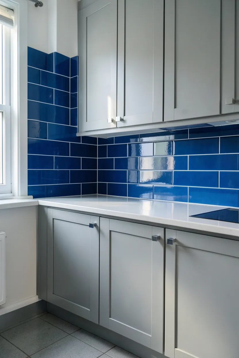 Blue Subway Tile Backsplash with Gray Cabinets