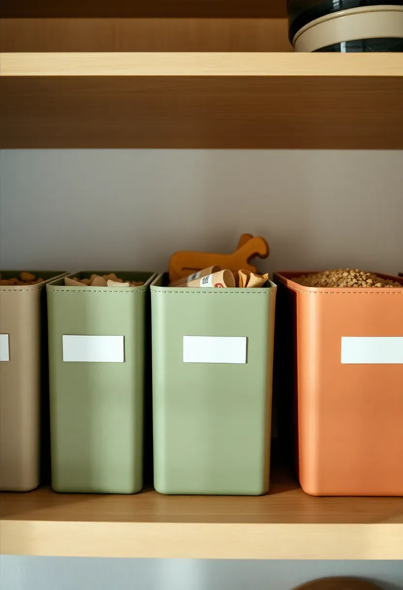 Pantry shelf with storage bins in sage green, warm cream, and dusty terracotta, each containing a different category of snacks or grains, small matte label tags clipped to the front of each bin