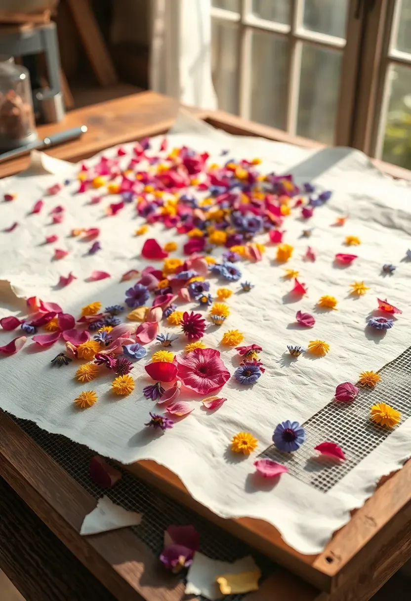 sheets of handmade paper embedded with flower petals drying on a screen in sunlight