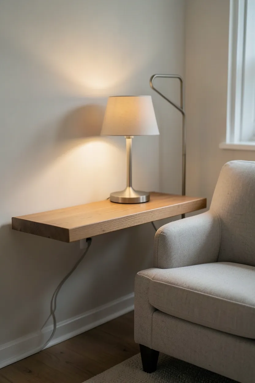 Simple lounge armchair in neutral fabric beside a wall-mounted floating shelf at eye level holding a lamp and two books — minimalist bedroom reading nook with minimal furniture