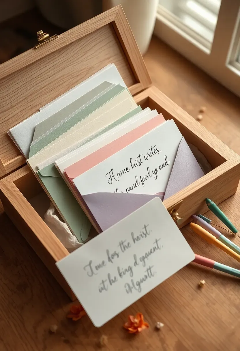 handwritten wishes for baby cards in pastel envelopes arranged in a decorative wooden box