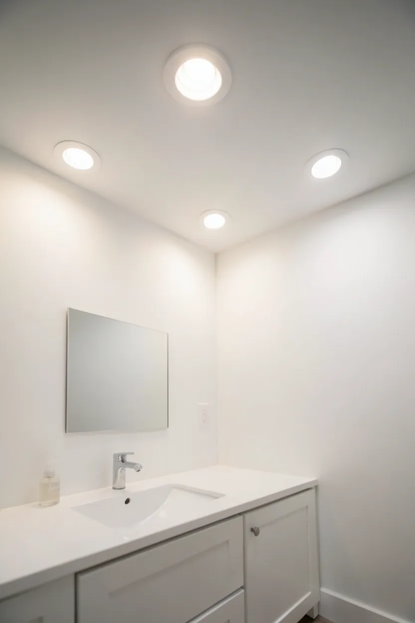Recessed LED downlights in a small apartment bathroom ceiling providing bright even illumination without bulky fixtures