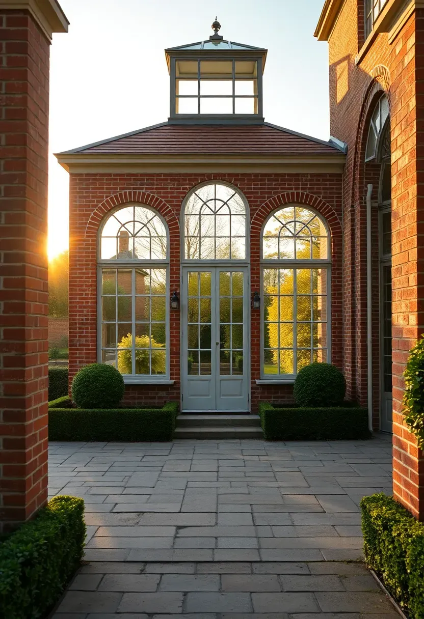 An elegant orangery greenhouse with tall arched windows brick pillars and a flat glass roof lantern surrounded by formal garden hedges