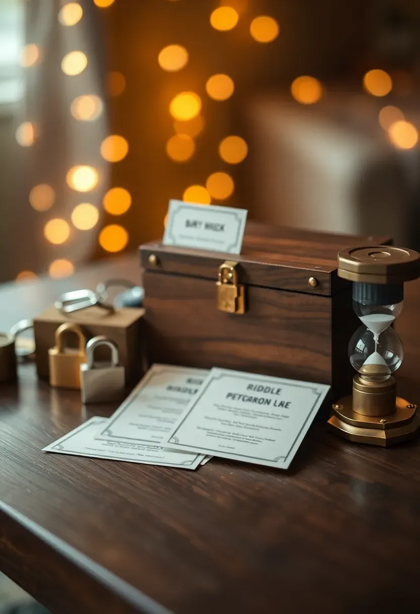 guests solving baby themed puzzle clues with locks and boxes at a shower escape room station