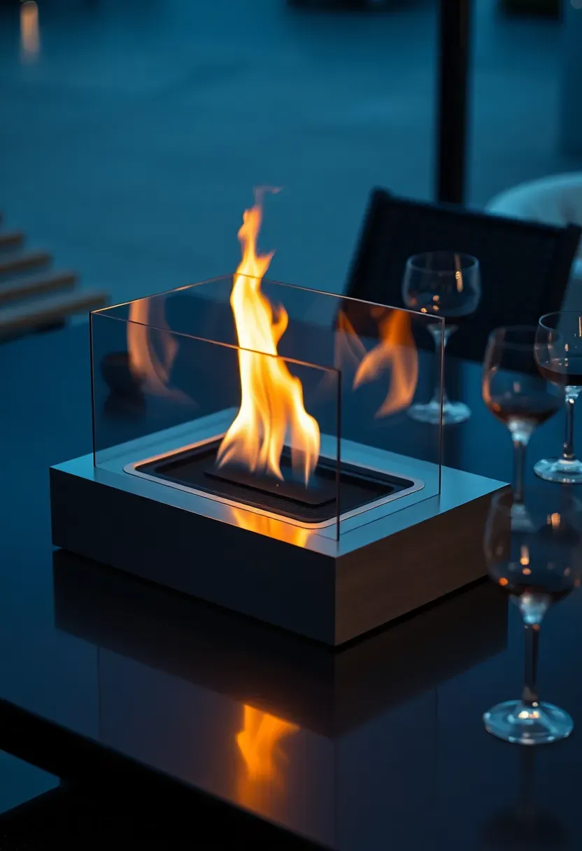A sleek rectangular bioethanol tabletop fireplace with a glass wind guard on a modern outdoor dining table at dusk