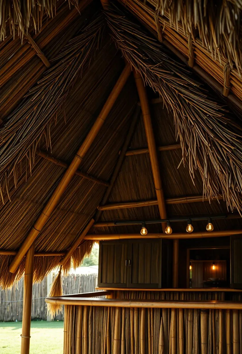 A-frame tiki hut bar with steep thatched roof panels reaching nearly to the ground and an open front revealing a bamboo bar counter