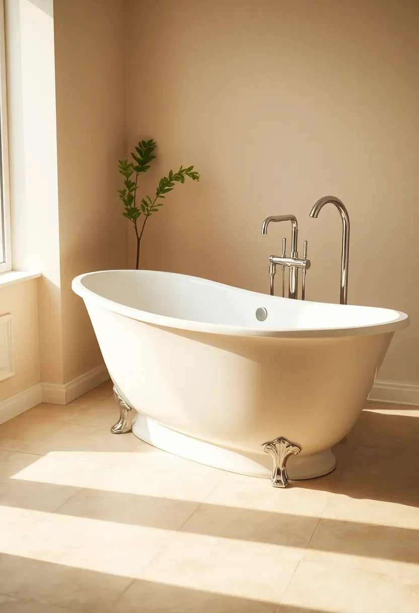 Creamy white freestanding soaking tub on a light beige tile floor in a calm neutral bathroom