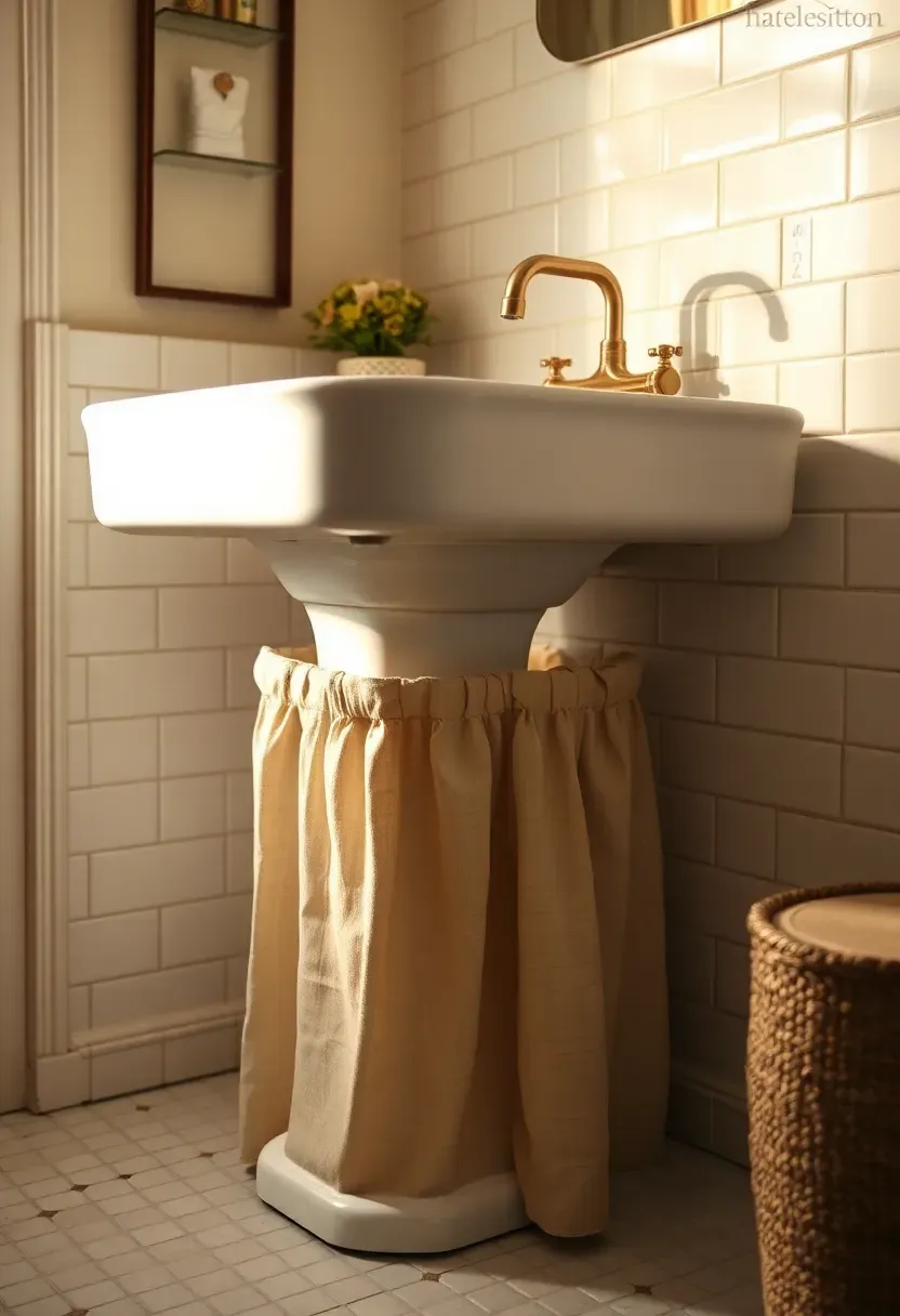 white pedestal sink with linen skirt curtain hiding plumbing in vintage bathroom