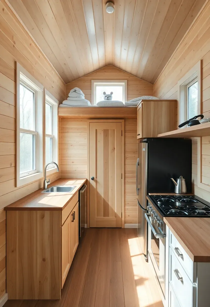 Hyper-realistic interior view of a 120 square foot tiny house showing efficient layout with loft sleeping area visible above, compact kitchen along one wall with butcher block counter, two-burner stove, small under-counter refrigerator. Light pine walls, large window above kitchen sink. Materials: white pine shiplap, butcher block, stainless steel. Bright natural daylight from window. Cozy minimalist mood. Wide angle showing entire main floor space. No text, no logos, no watermarks.</p>