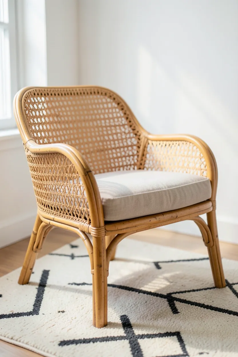 Woven rattan accent chair with linen cushion adding natural texture and warmth to a vintage Nordic living room