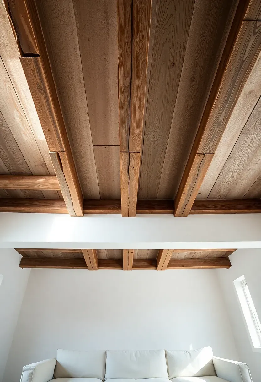 Hyper-realistic 3/4 view of minimalist living room looking upward toward exposed natural wood ceiling beams, reclaimed timber with visible aging, nail holes, and weathered grey-brown patina. White plaster ceiling between beams. Cream sofa and light wood floor below. Materials: reclaimed timber beams, plaster ceiling, linen upholstery. Natural light from window, beams casting warm linear shadows downward. Architectural interest overhead. Sharp details on wood texture and weathering. No text, no logos, no watermarks.</p>