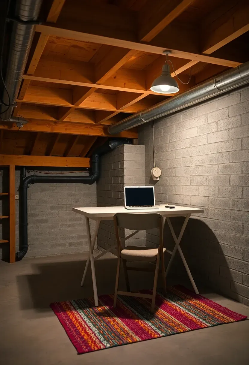 Unfinished basement office setup with exposed joists, simple folding table desk, clamp lamp, and concrete floor with a rug