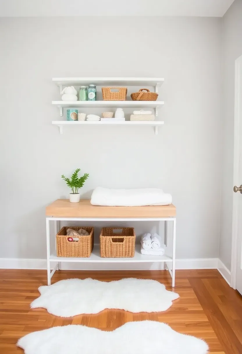 Minimalist floating shelves at changing height in a bedroom corner with organized diapers and wipes in a small rental apartment