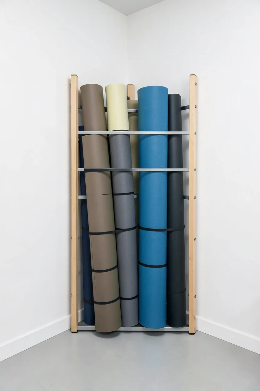 Vertical mat storage rack holding rolled yoga and exercise mats upright in a small gym corner