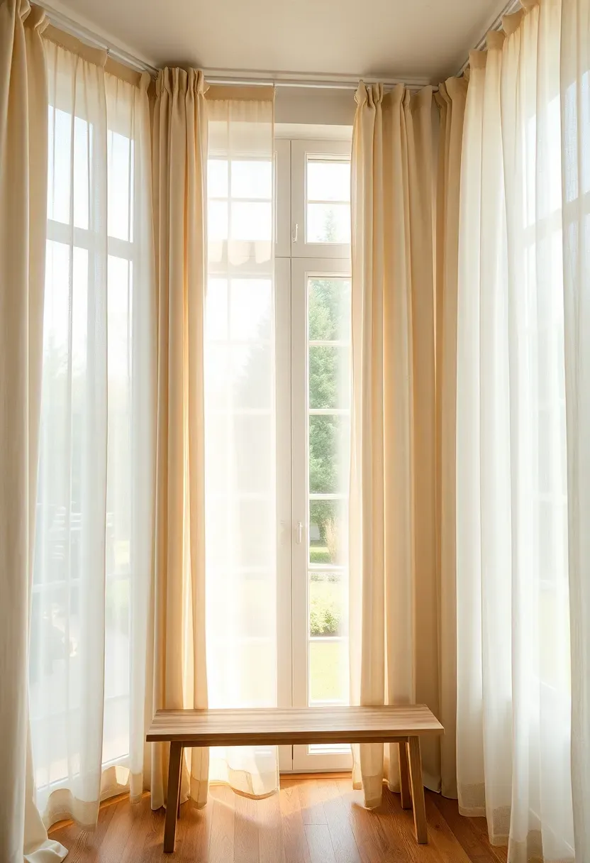 Tall sunroom windows dressed in flowing sheer ivory linen curtains billowing gently with a garden view behind and a wooden bench below