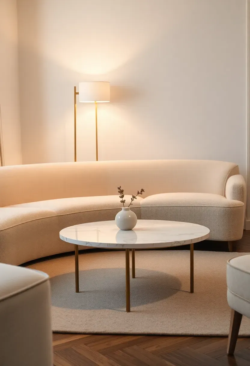 Living room featuring a large curved ivory sofa with rounded edges, a circular marble coffee table, and soft ambient lighting