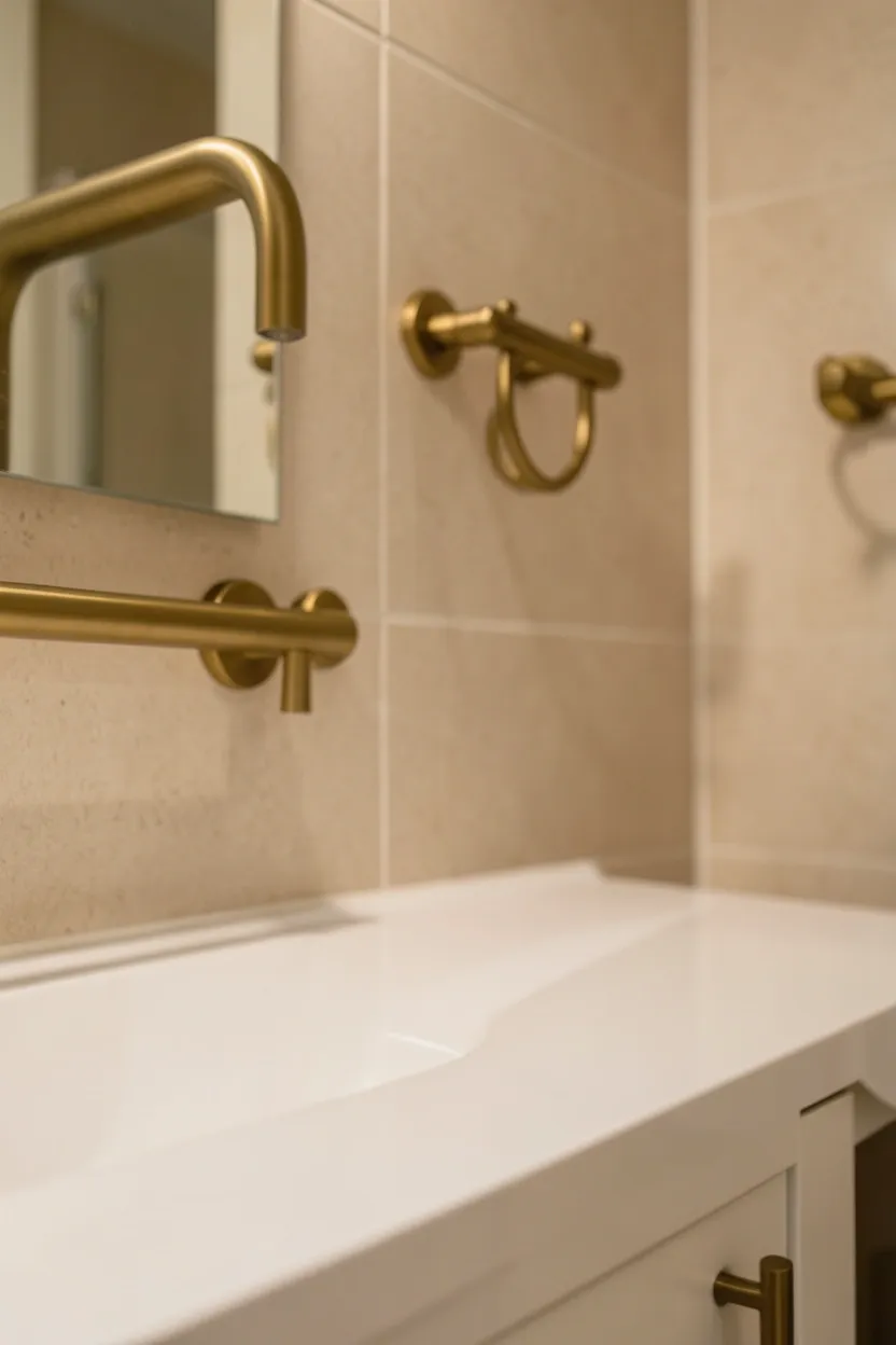 Brushed brass bathroom faucet, towel bar, and cabinet pulls against white tile for warm modern contrast