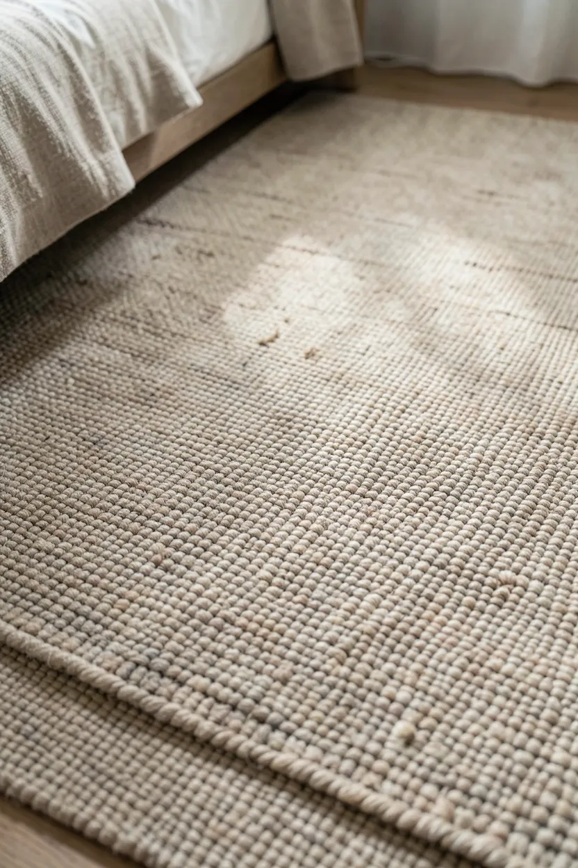 Natural wool rug in warm taupe extending under a bed with white linen in a cozy neutral bedroom
