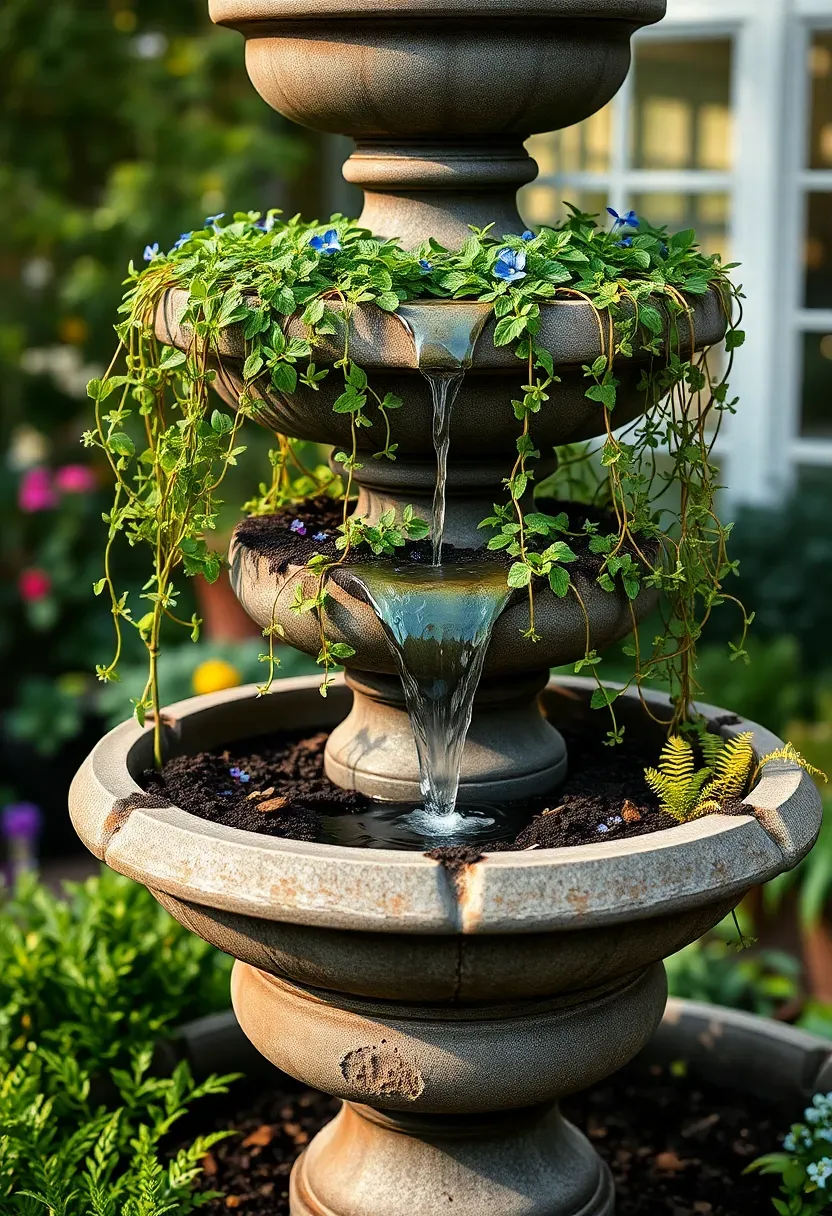 A tiered planter fountain with cascading water between levels planted with trailing flowers and ferns
