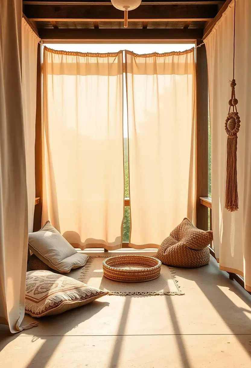 Back porch sun room with painter drop cloth curtains creating soft diffused light and a boho lounge setup