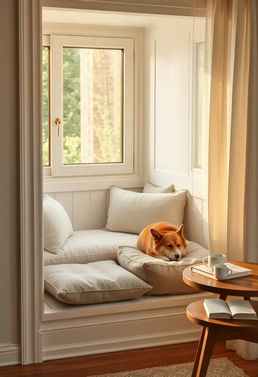 Cozy window corner reading nook with built-in white MDF bench, linen cushion, low wool pet bed with sleeping corgi, and small oak side table with book and mug