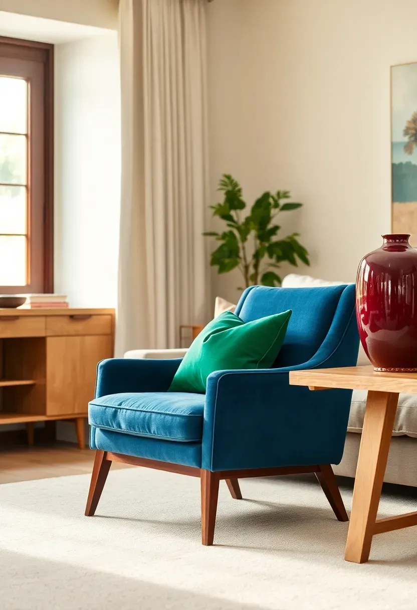 Neutral living room punctuated by a sapphire blue velvet accent chair, an emerald green throw pillow, and a deep ruby ceramic vase on the console