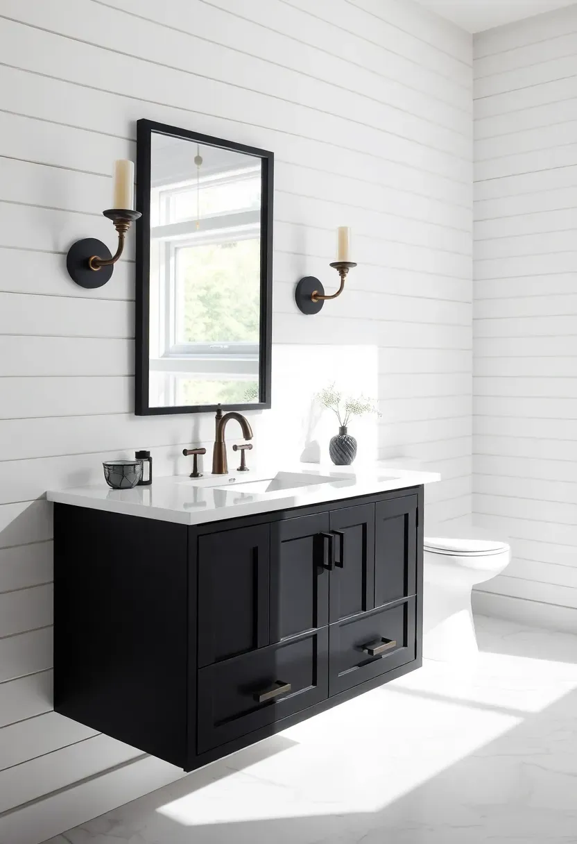 Floating black wall-mounted vanity with white countertop in a small bathroom — space-saving modern design