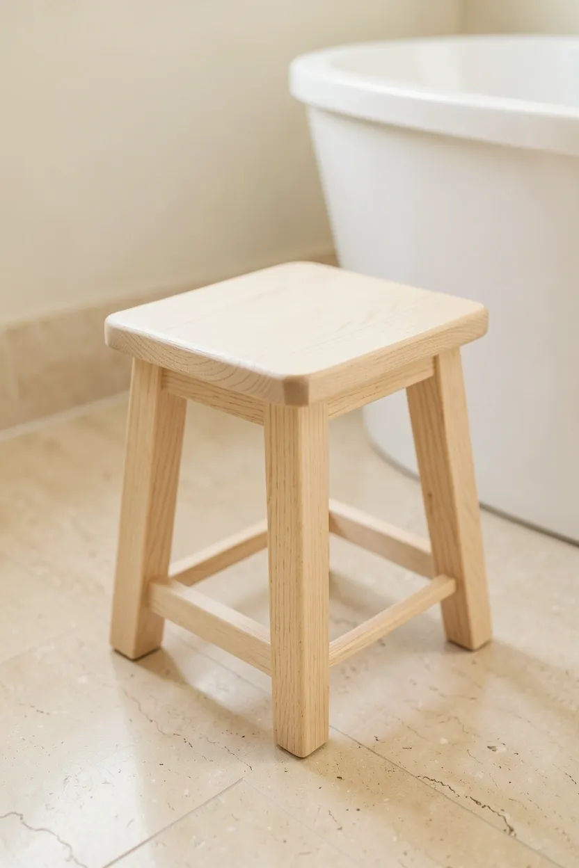 Simple light oak bath stool beside a japandi soaking tub — Japanese bathing ritual element with clean Scandinavian lines