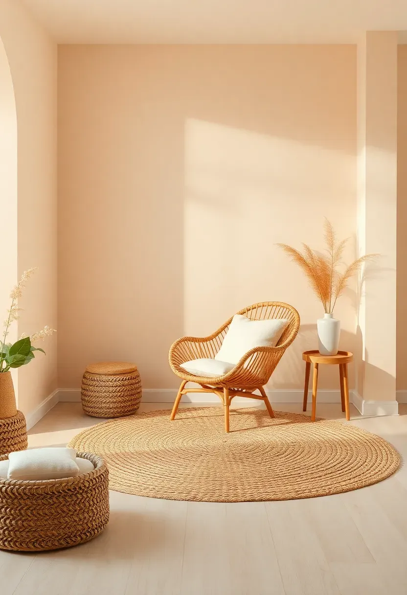 Low-profile rattan sofa and chair in a cozy boho minimalist living room with open sightlines and soft cushions