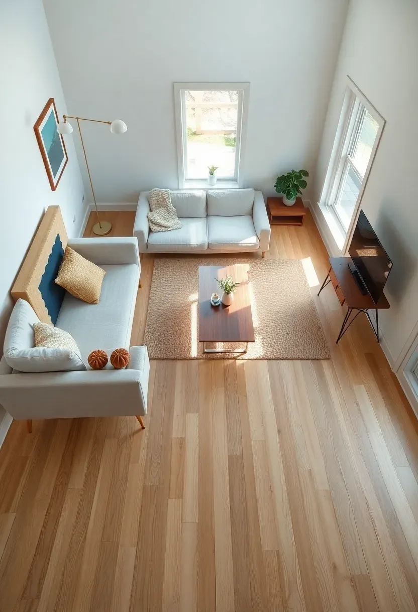 Hyper-realistic top-down angled view of tiny house living room showing furniture with visible legs floating away from walls, light oak floor visible underneath sofa and coffee table, creating perception of more floor space, white walls, natural light from large window, brass-legged sofa, walnut table on hairpin legs. Materials: light oak flooring, white linen sofa with brass legs, walnut table with hairpin legs, white walls, glass accents. Bright natural light, soft shadows, floor visibility emphasized.</p>