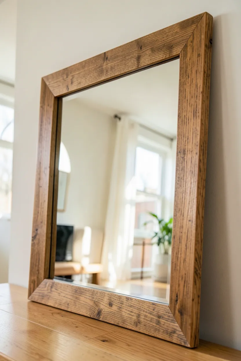 Large round mirror with chunky natural wood frame leaning against a warm white wall in a bright apartment living room