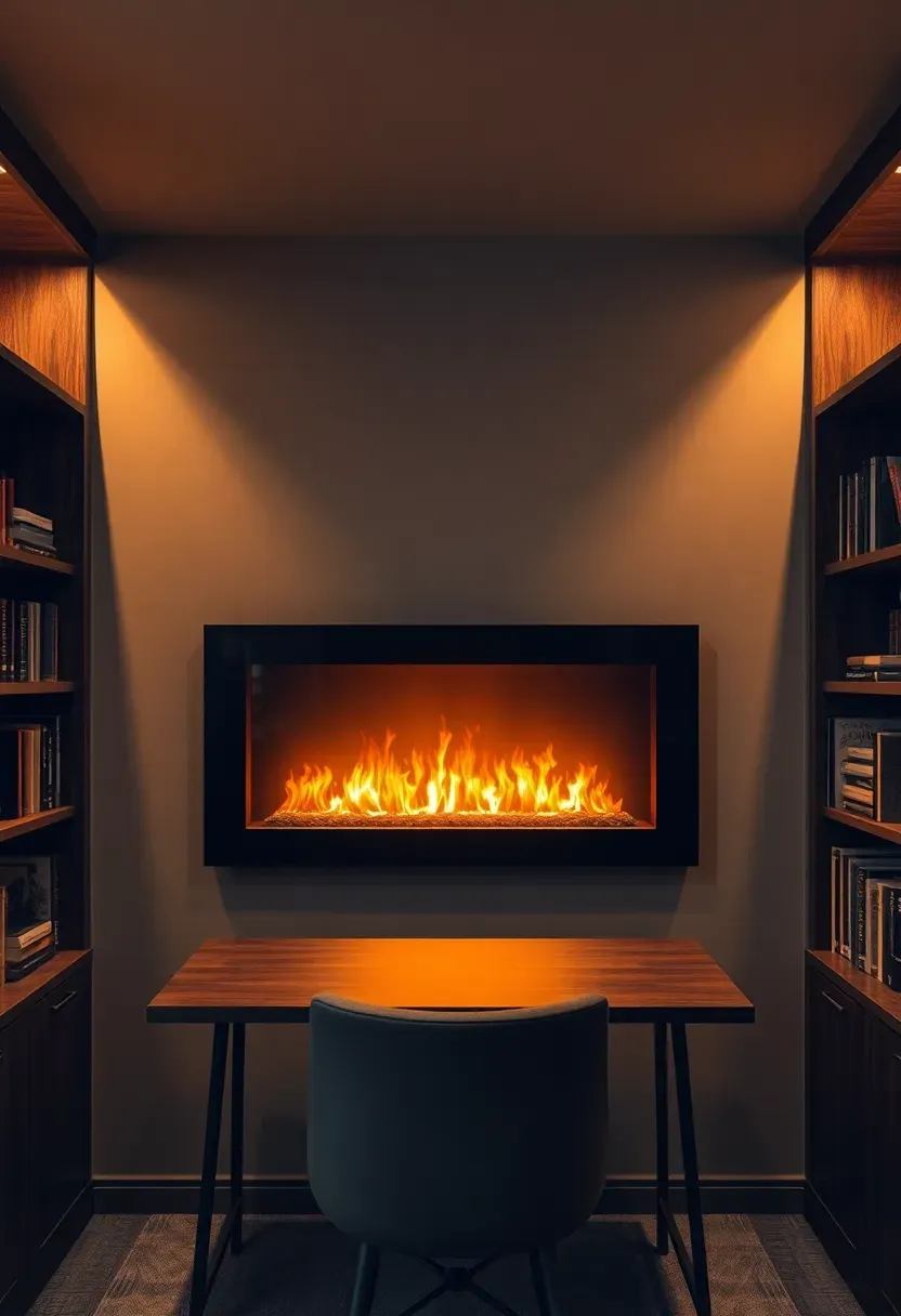 Basement office with an electric fireplace insert in the wall casting warm flickering light, flanked by shelves